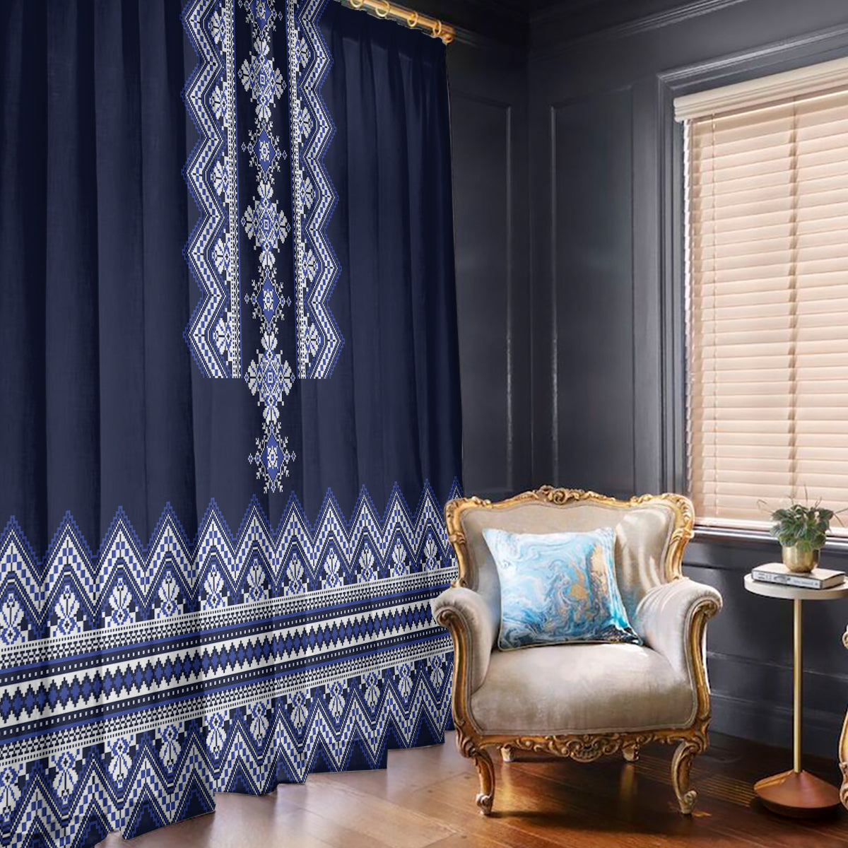 Ukraine Folk Pattern Window Curtain Ukrainian Navy Blue Version - Wonder Print Shop