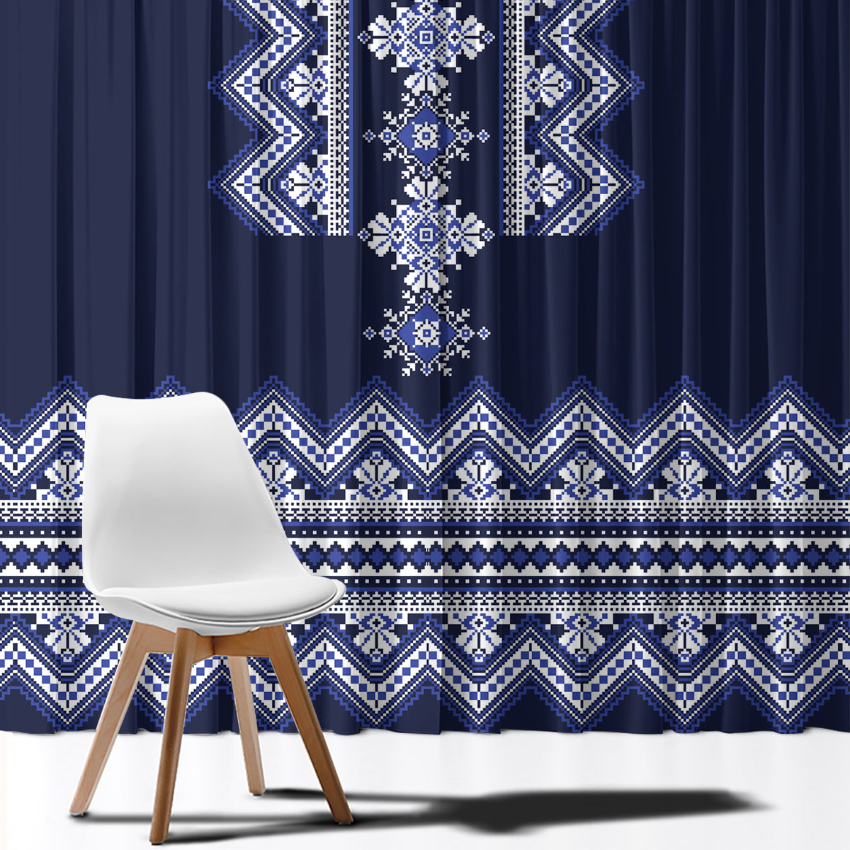 Ukraine Folk Pattern Window Curtain Ukrainian Navy Blue Version - Wonder Print Shop