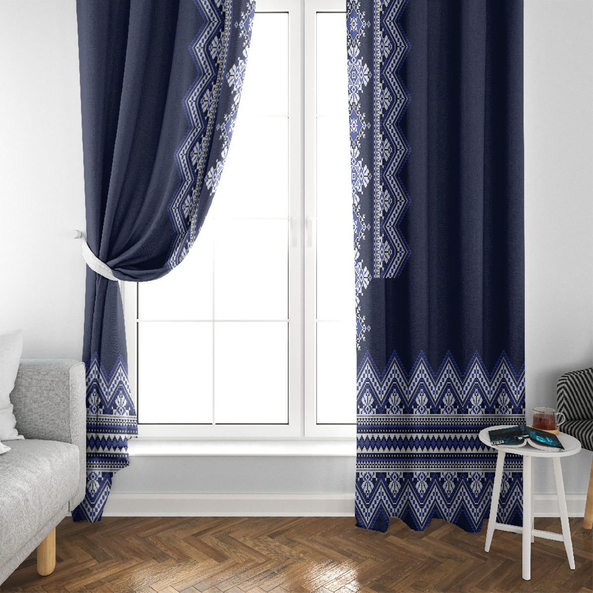 Ukraine Folk Pattern Window Curtain Ukrainian Navy Blue Version - Wonder Print Shop
