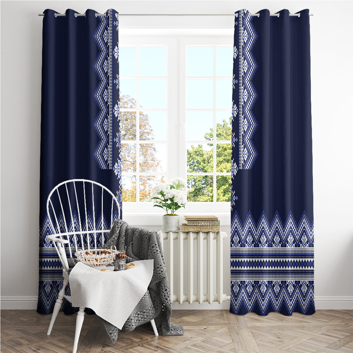 Ukraine Folk Pattern Window Curtain Ukrainian Navy Blue Version - Wonder Print Shop