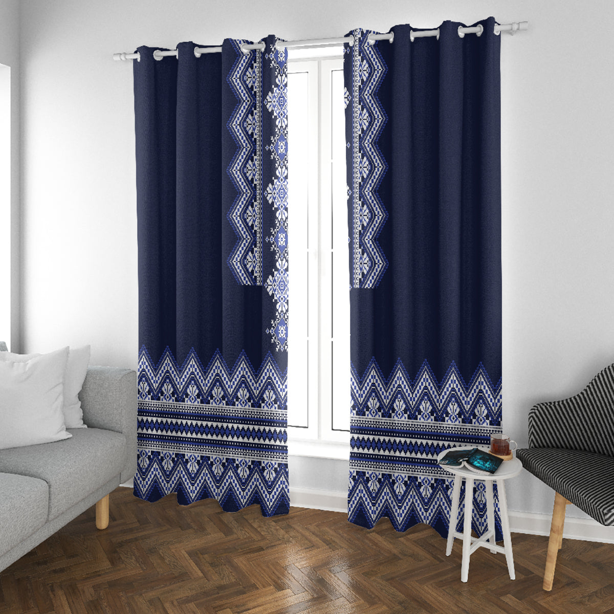 Ukraine Folk Pattern Window Curtain Ukrainian Navy Blue Version - Wonder Print Shop