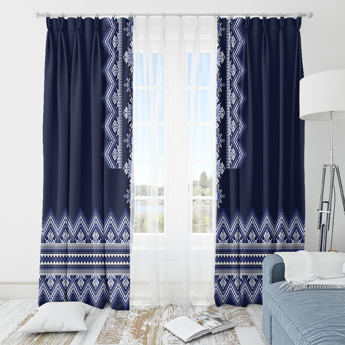 Ukraine Folk Pattern Window Curtain Ukrainian Navy Blue Version - Wonder Print Shop