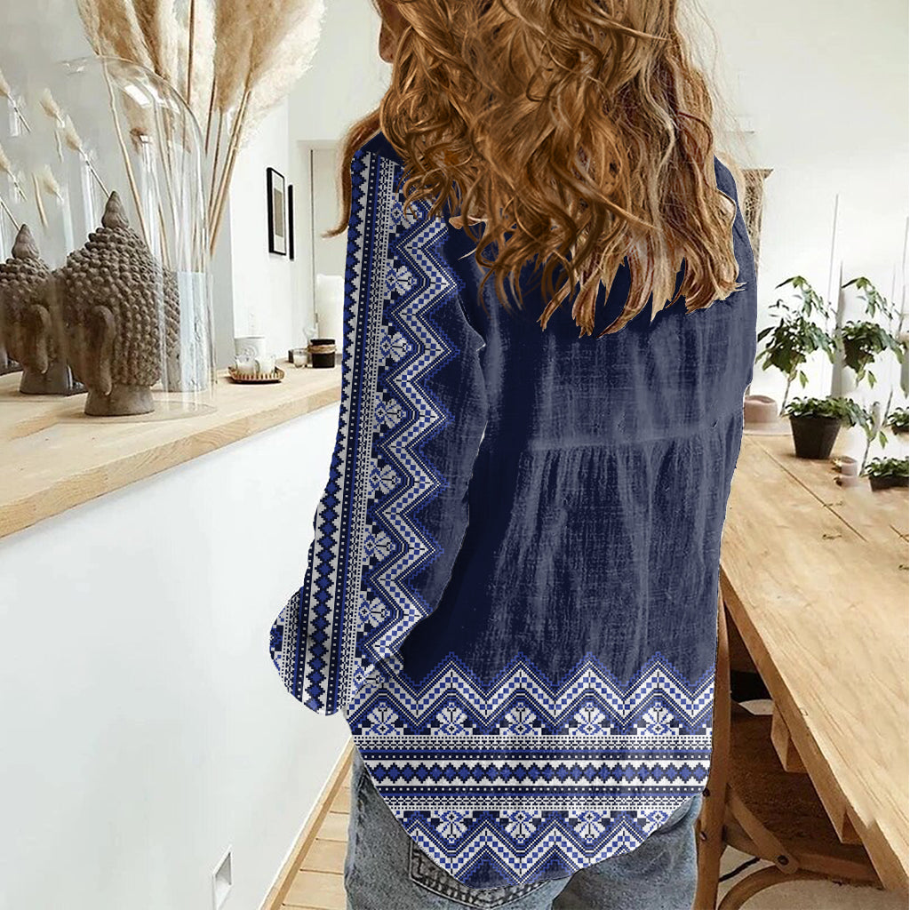 Ukraine Folk Pattern Women Casual Shirt Ukrainian Navy Blue Version - Wonder Print Shop