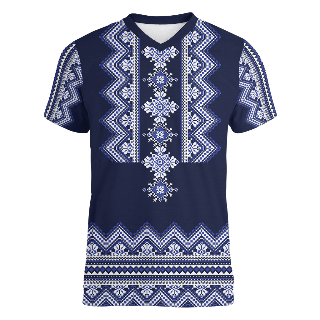 Ukraine Folk Pattern Women V Neck T Shirt Ukrainian Navy Blue Version - Wonder Print Shop
