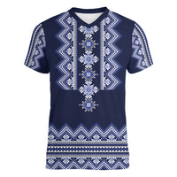 Ukraine Folk Pattern Women V Neck T Shirt Ukrainian Navy Blue Version - Wonder Print Shop