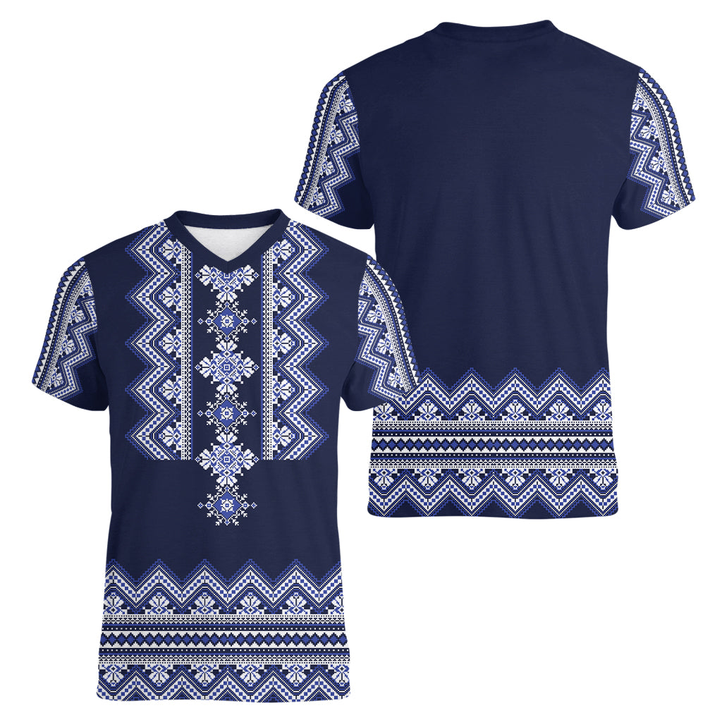 Ukraine Folk Pattern Women V Neck T Shirt Ukrainian Navy Blue Version - Wonder Print Shop