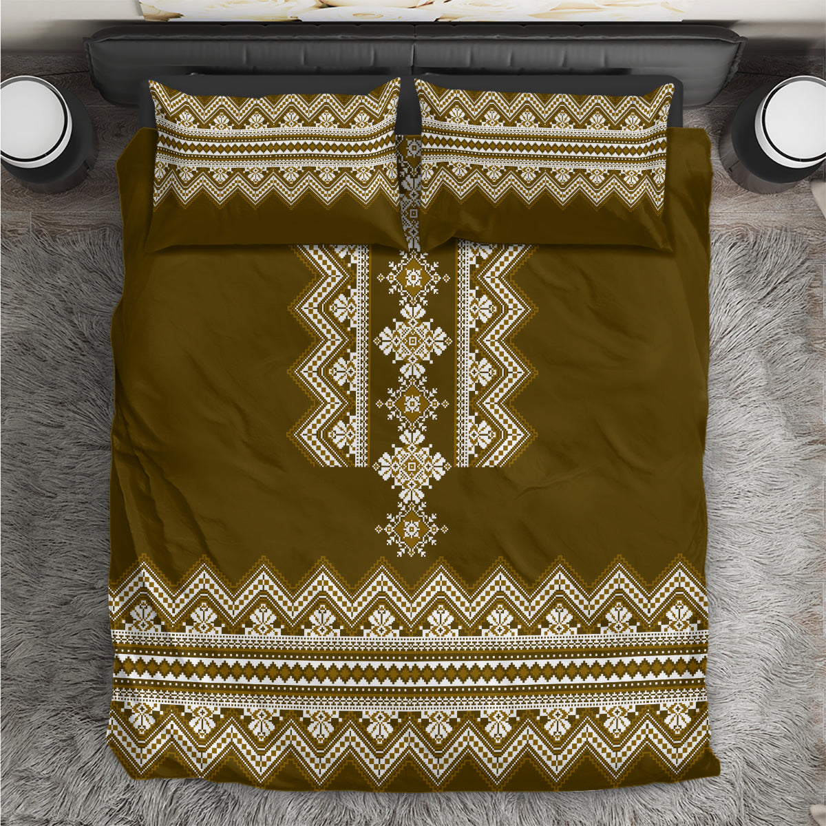 Ukraine Folk Pattern Bedding Set Ukrainian Wood Brown Version - Wonder Print Shop