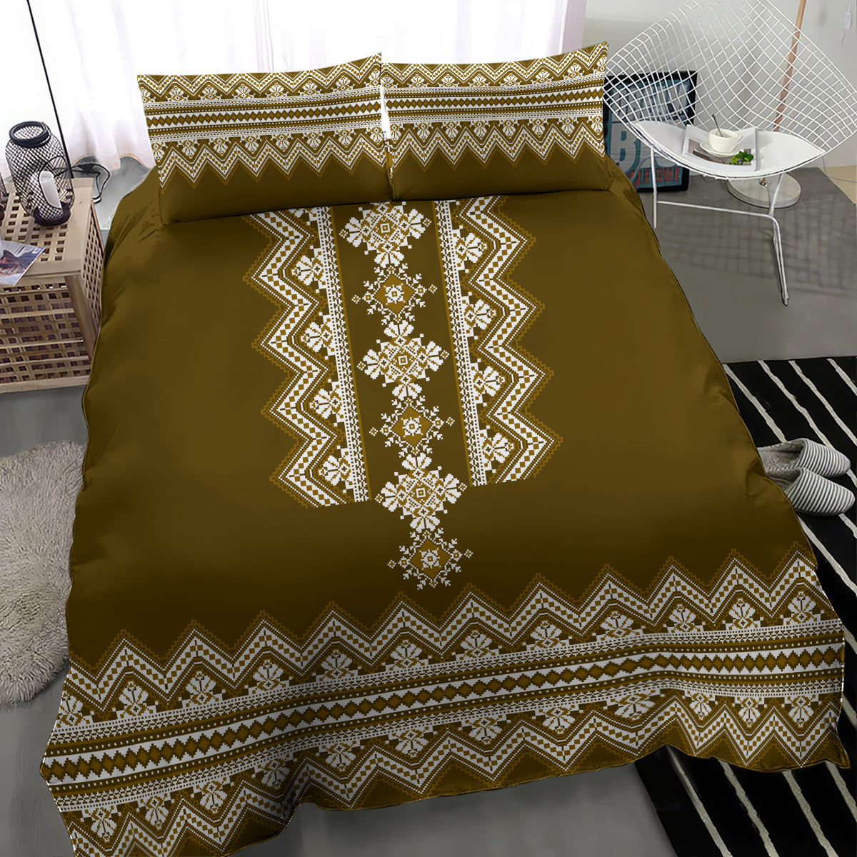 Ukraine Folk Pattern Bedding Set Ukrainian Wood Brown Version - Wonder Print Shop