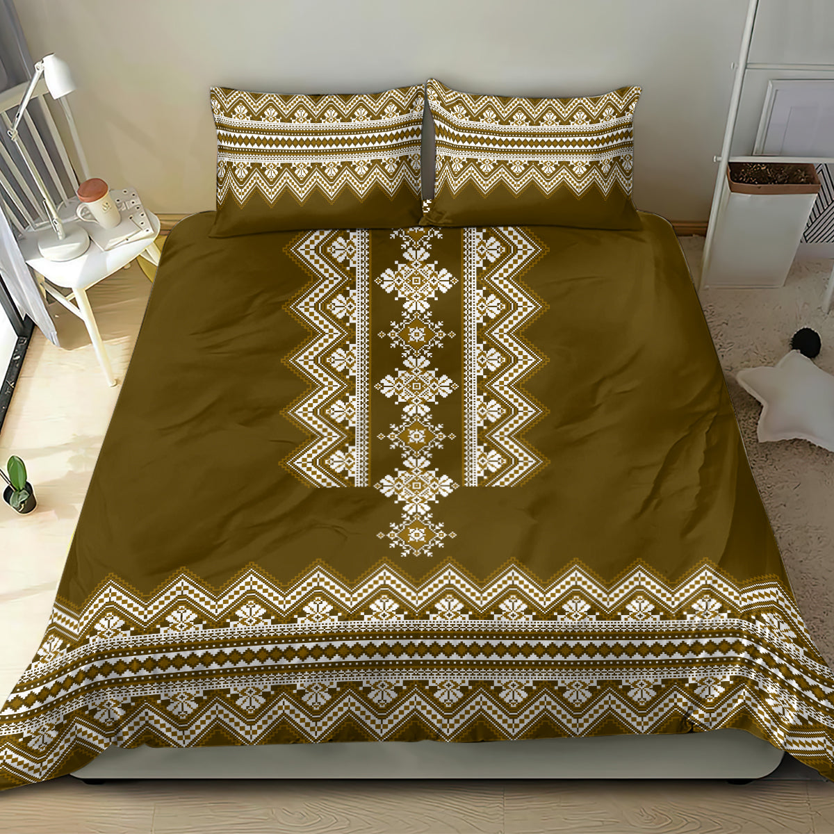 Ukraine Folk Pattern Bedding Set Ukrainian Wood Brown Version - Wonder Print Shop