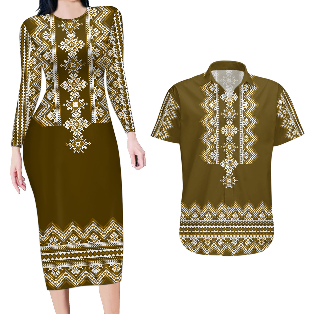 Ukraine Folk Pattern Couples Matching Long Sleeve Bodycon Dress and Hawaiian Shirt Ukrainian Wood Brown Version - Wonder Print Shop