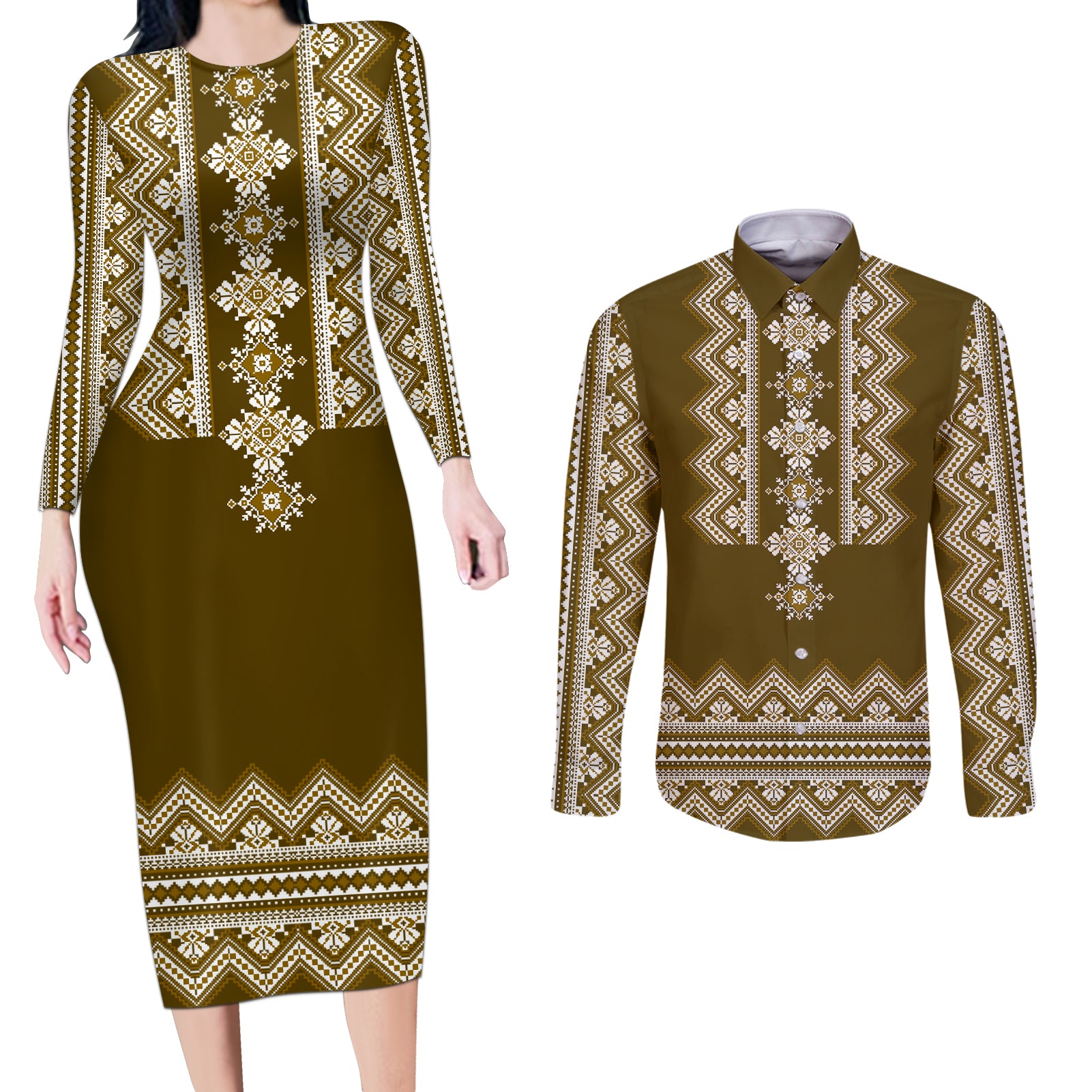 ukraine-folk-pattern-couples-matching-long-sleeve-bodycon-dress-and-long-sleeve-button-shirt-ukrainian-wood-brown-version