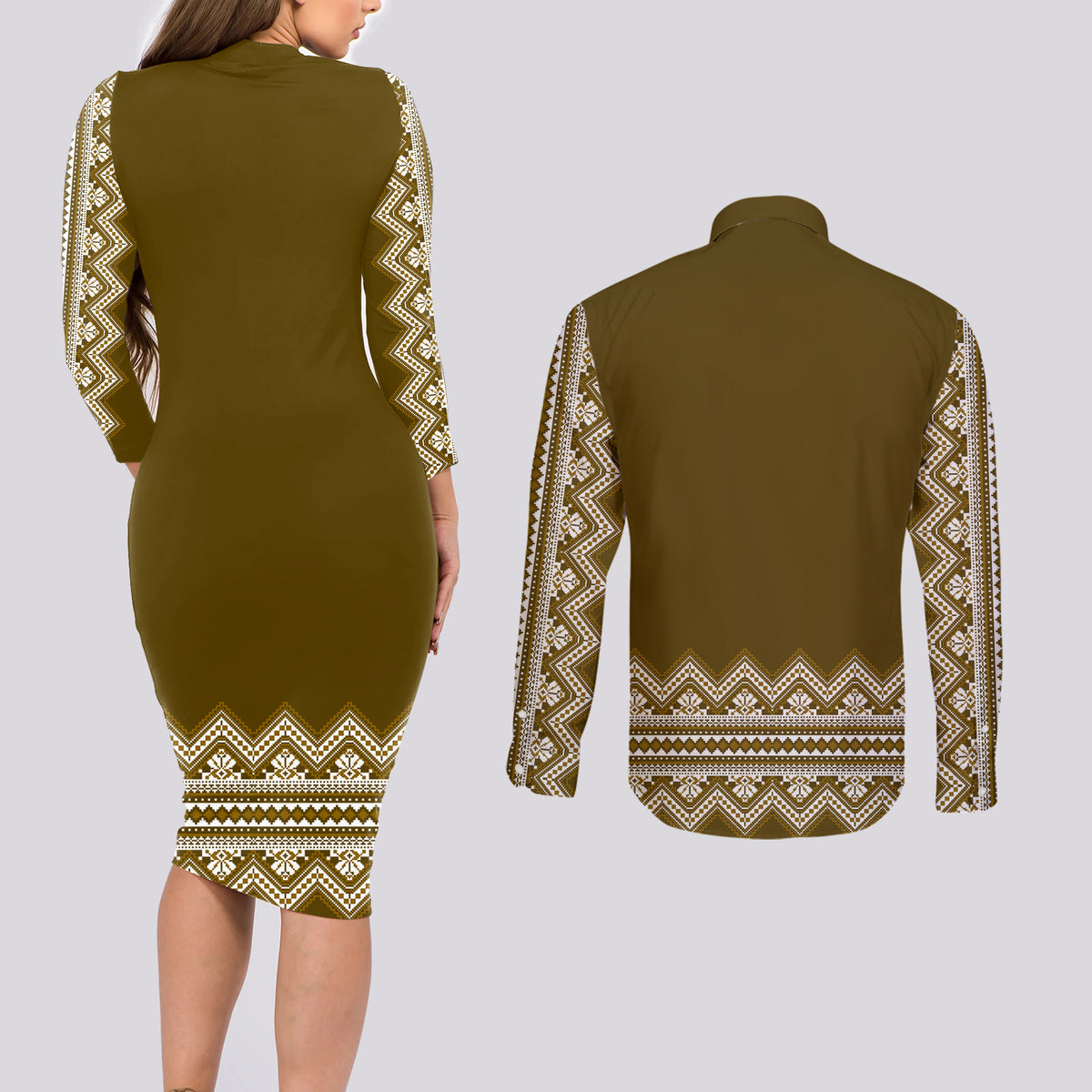 Ukraine Folk Pattern Couples Matching Long Sleeve Bodycon Dress and Long Sleeve Button Shirt Ukrainian Wood Brown Version - Wonder Print Shop