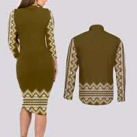 Ukraine Folk Pattern Couples Matching Long Sleeve Bodycon Dress and Long Sleeve Button Shirt Ukrainian Wood Brown Version - Wonder Print Shop