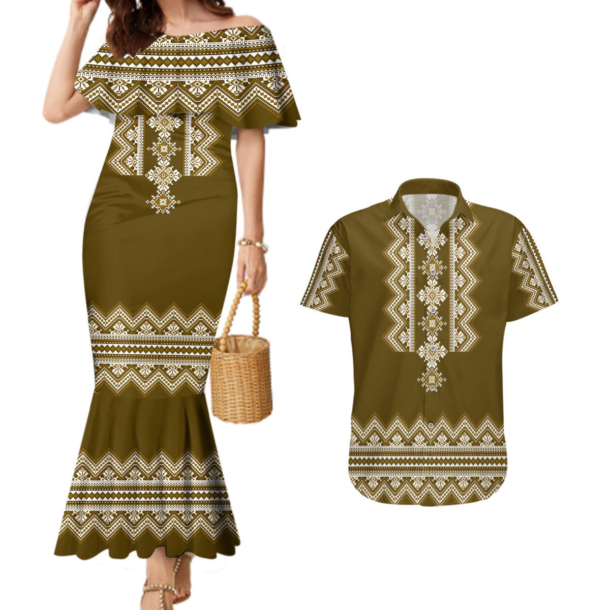 Ukraine Folk Pattern Couples Matching Mermaid Dress and Hawaiian Shirt Ukrainian Wood Brown Version - Wonder Print Shop
