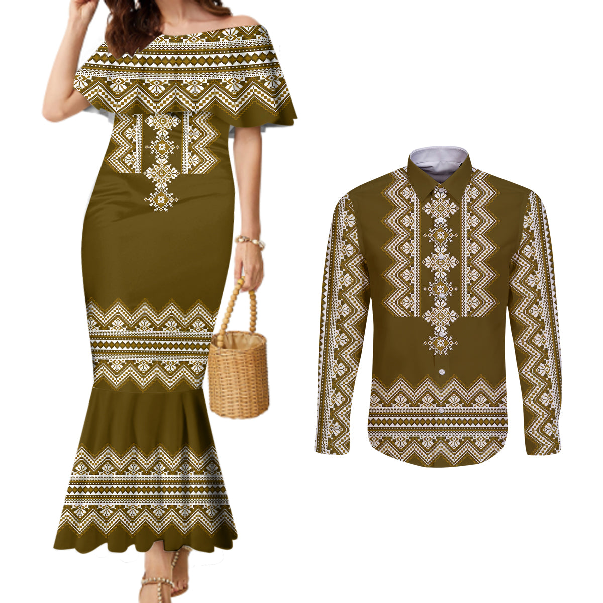 ukraine-folk-pattern-couples-matching-mermaid-dress-and-long-sleeve-button-shirt-ukrainian-wood-brown-version