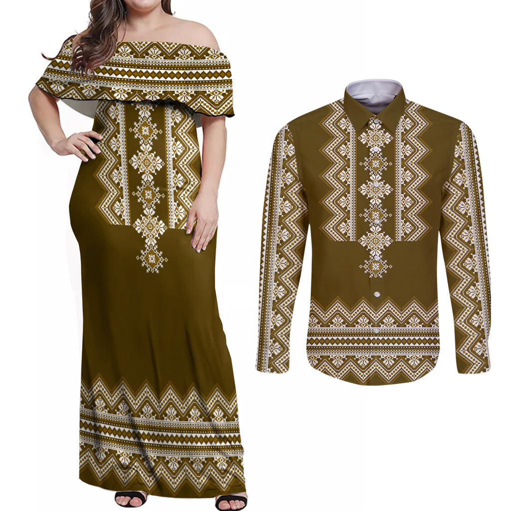 Ukraine Folk Pattern Couples Matching Off Shoulder Maxi Dress and Long Sleeve Button Shirt Ukrainian Wood Brown Version - Wonder Print Shop