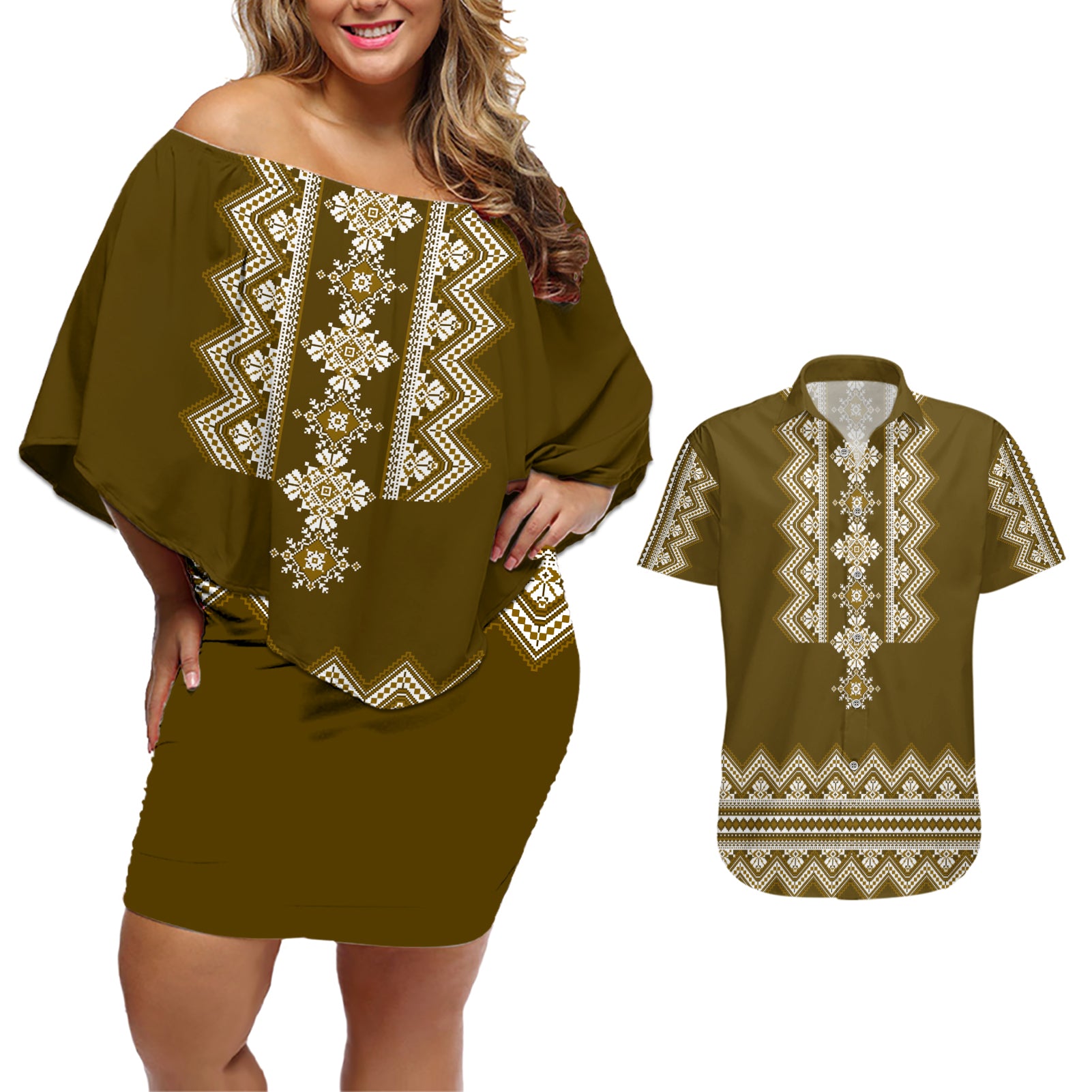 ukraine-folk-pattern-couples-matching-off-shoulder-short-dress-and-hawaiian-shirt-ukrainian-wood-brown-version