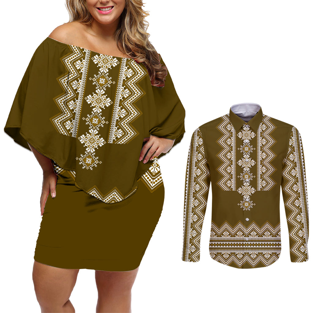 ukraine-folk-pattern-couples-matching-off-shoulder-short-dress-and-long-sleeve-button-shirt-ukrainian-wood-brown-version