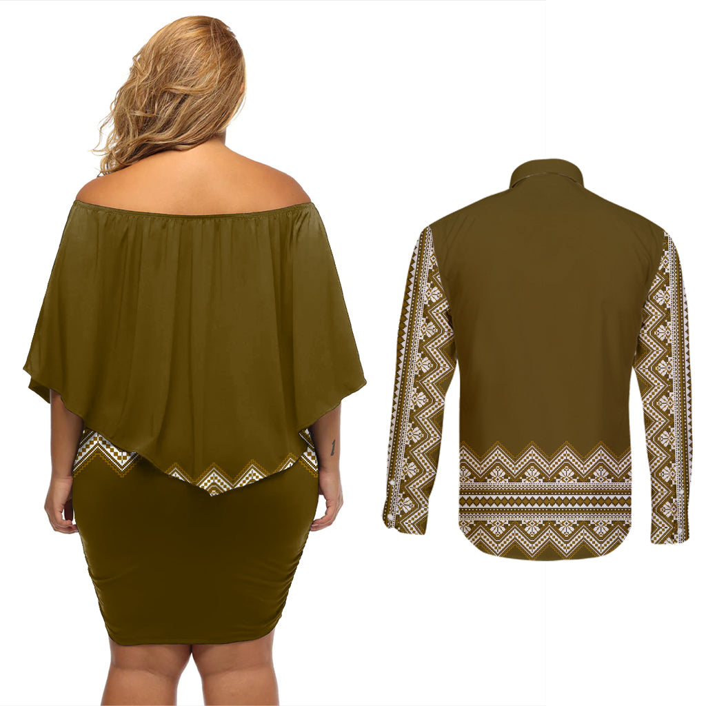 Ukraine Folk Pattern Couples Matching Off Shoulder Short Dress and Long Sleeve Button Shirt Ukrainian Wood Brown Version - Wonder Print Shop
