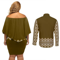 Ukraine Folk Pattern Couples Matching Off Shoulder Short Dress and Long Sleeve Button Shirt Ukrainian Wood Brown Version - Wonder Print Shop