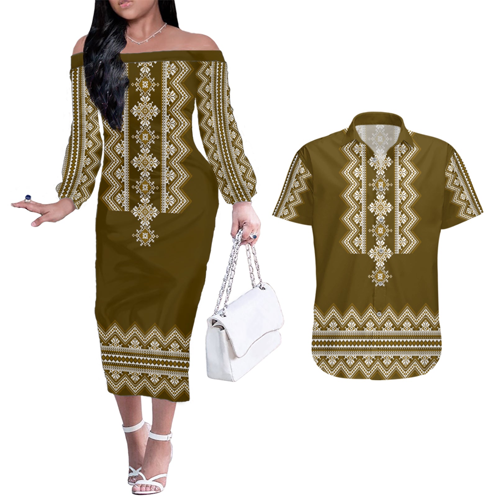 Ukraine Folk Pattern Couples Matching Off The Shoulder Long Sleeve Dress and Hawaiian Shirt Ukrainian Wood Brown Version - Wonder Print Shop