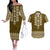 Ukraine Folk Pattern Couples Matching Off The Shoulder Long Sleeve Dress and Hawaiian Shirt Ukrainian Wood Brown Version - Wonder Print Shop