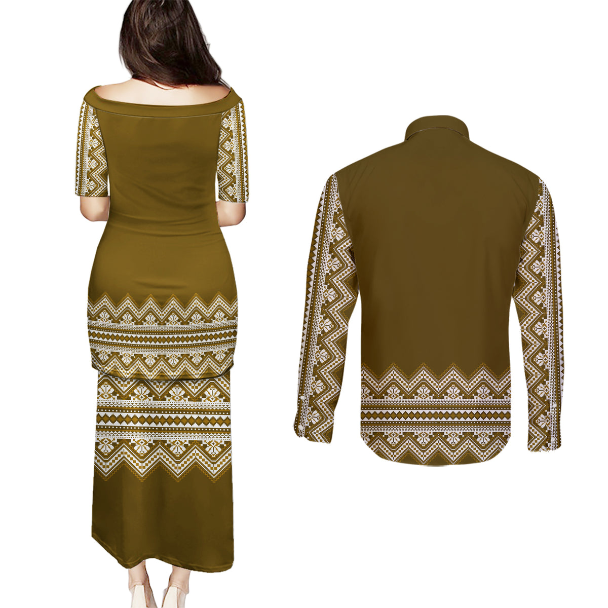 Ukraine Folk Pattern Couples Matching Puletasi Dress and Long Sleeve Button Shirt Ukrainian Wood Brown Version - Wonder Print Shop