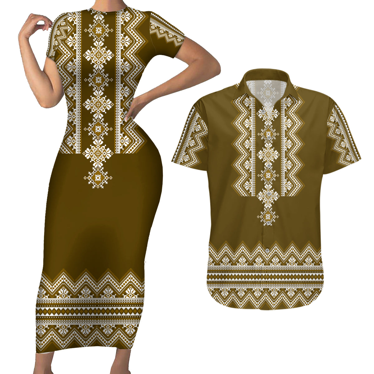 Ukraine Folk Pattern Couples Matching Short Sleeve Bodycon Dress and Hawaiian Shirt Ukrainian Wood Brown Version - Wonder Print Shop