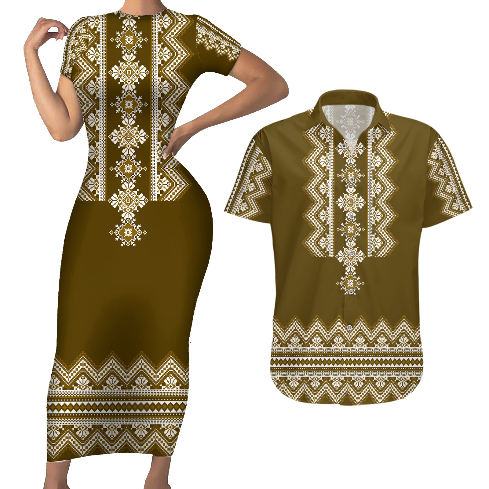 ukraine-folk-pattern-couples-matching-short-sleeve-bodycon-dress-and-hawaiian-shirt-ukrainian-wood-brown-version