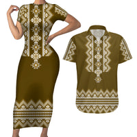 Ukraine Folk Pattern Couples Matching Short Sleeve Bodycon Dress and Hawaiian Shirt Ukrainian Wood Brown Version - Wonder Print Shop