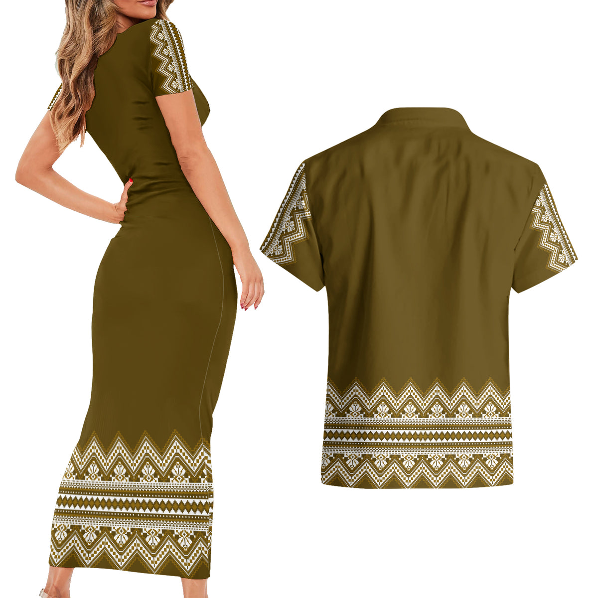 Ukraine Folk Pattern Couples Matching Short Sleeve Bodycon Dress and Hawaiian Shirt Ukrainian Wood Brown Version - Wonder Print Shop