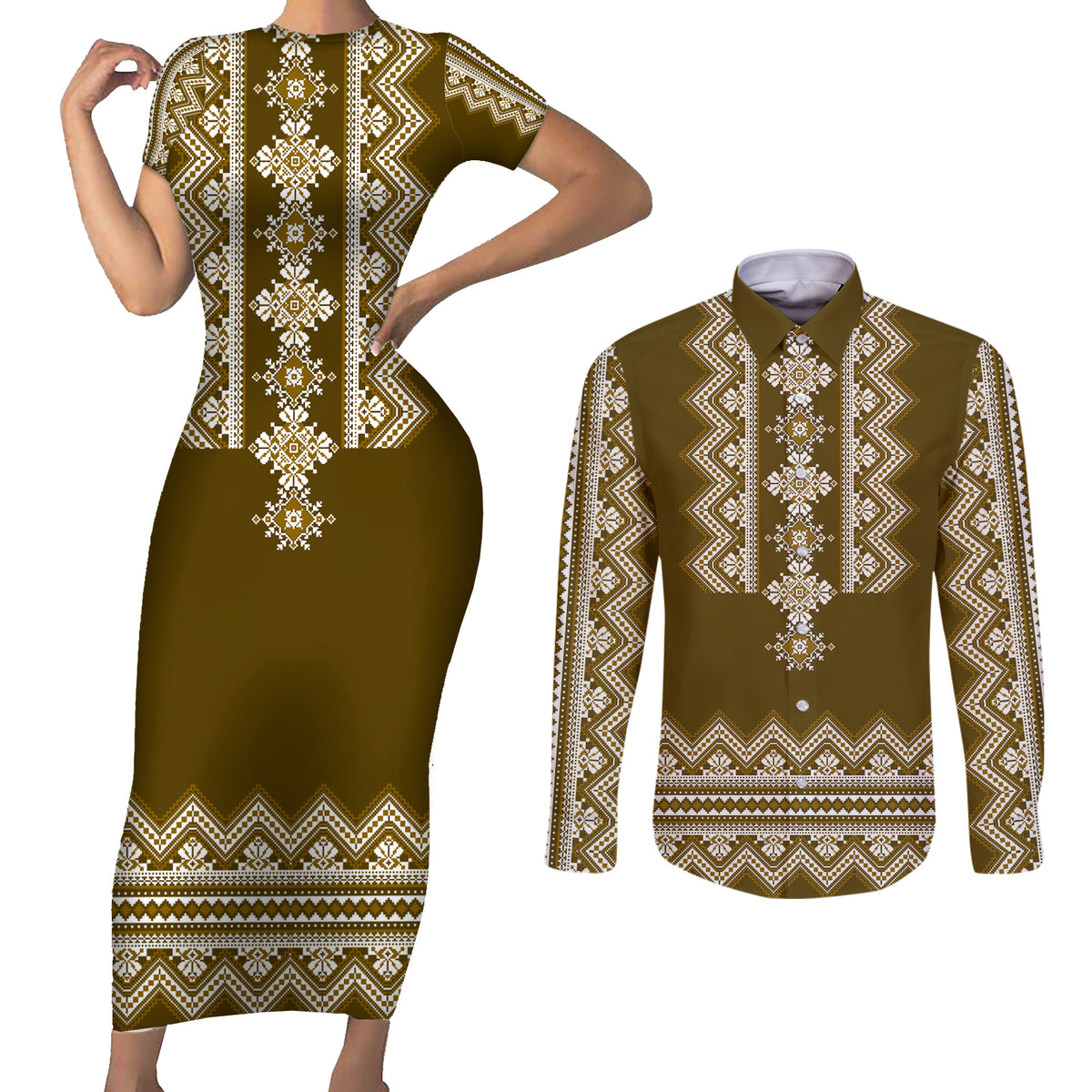 Ukraine Folk Pattern Couples Matching Short Sleeve Bodycon Dress and Long Sleeve Button Shirt Ukrainian Wood Brown Version - Wonder Print Shop