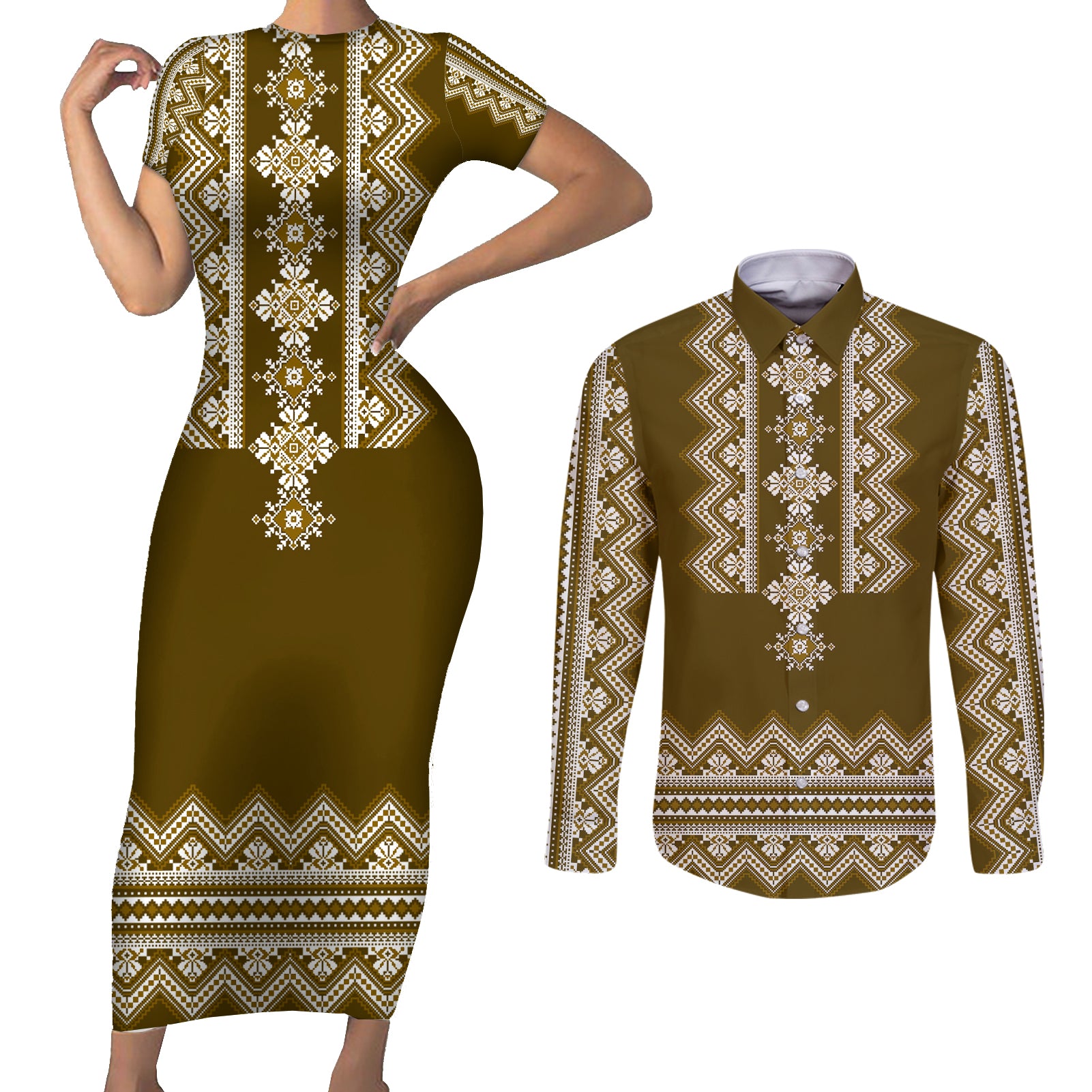 ukraine-folk-pattern-couples-matching-short-sleeve-bodycon-dress-and-long-sleeve-button-shirt-ukrainian-wood-brown-version