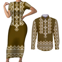 Ukraine Folk Pattern Couples Matching Short Sleeve Bodycon Dress and Long Sleeve Button Shirt Ukrainian Wood Brown Version - Wonder Print Shop