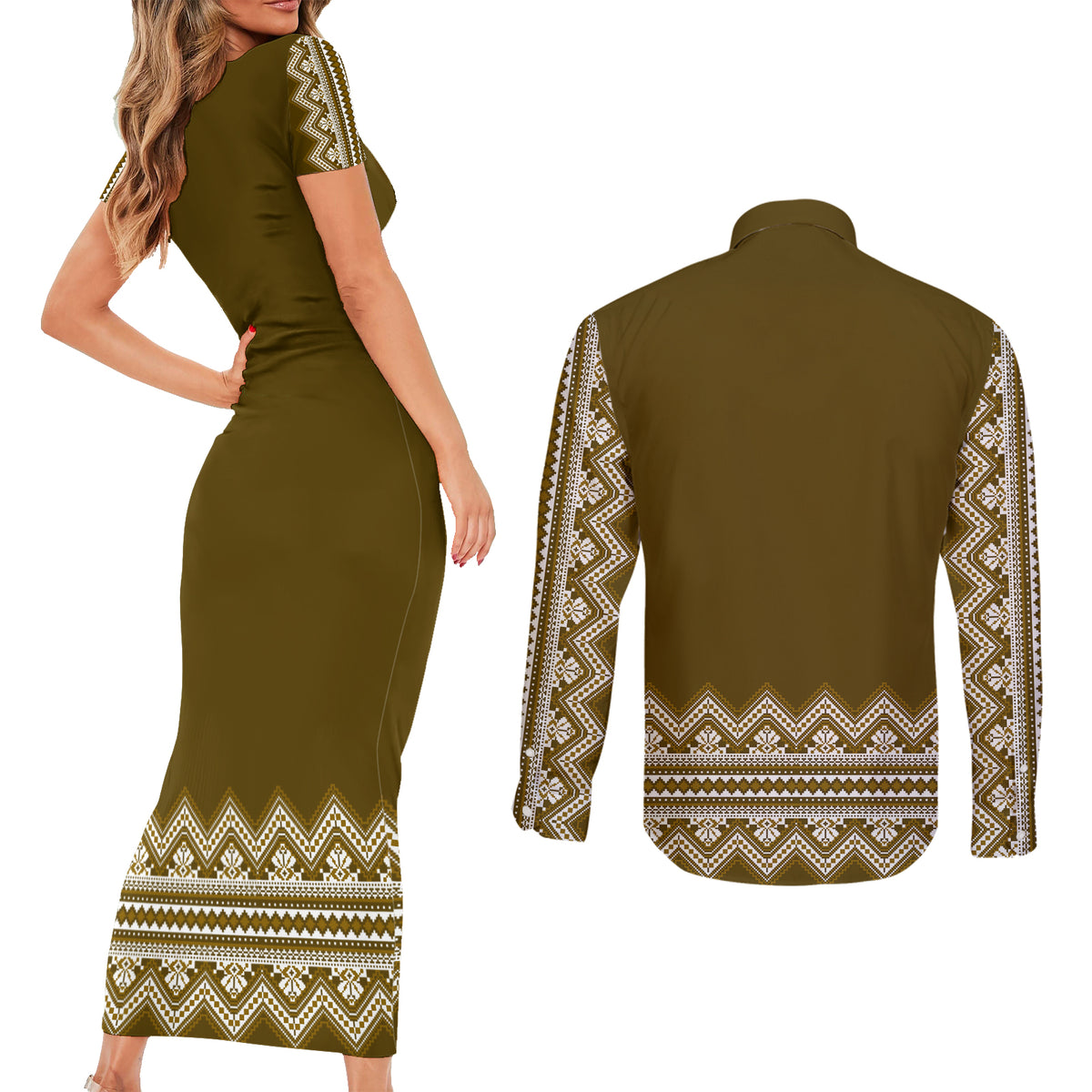 Ukraine Folk Pattern Couples Matching Short Sleeve Bodycon Dress and Long Sleeve Button Shirt Ukrainian Wood Brown Version - Wonder Print Shop