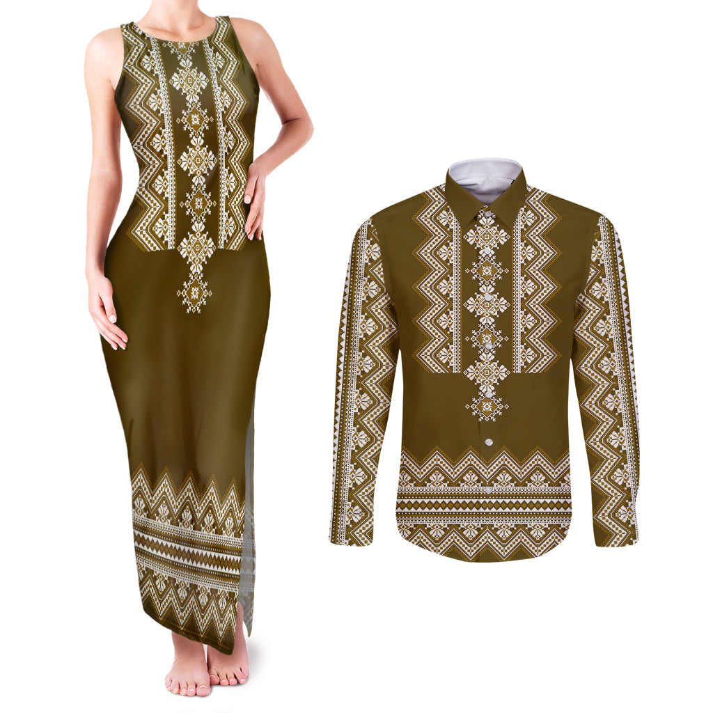 ukraine-folk-pattern-couples-matching-tank-maxi-dress-and-long-sleeve-button-shirt-ukrainian-wood-brown-version