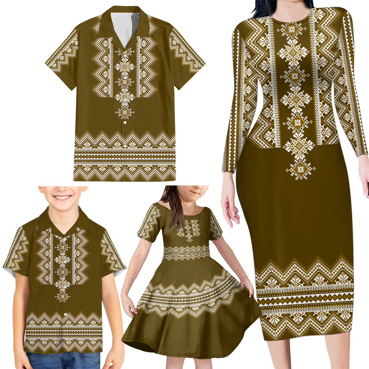 ukraine-folk-pattern-family-matching-long-sleeve-bodycon-dress-and-hawaiian-shirt-ukrainian-wood-brown-version