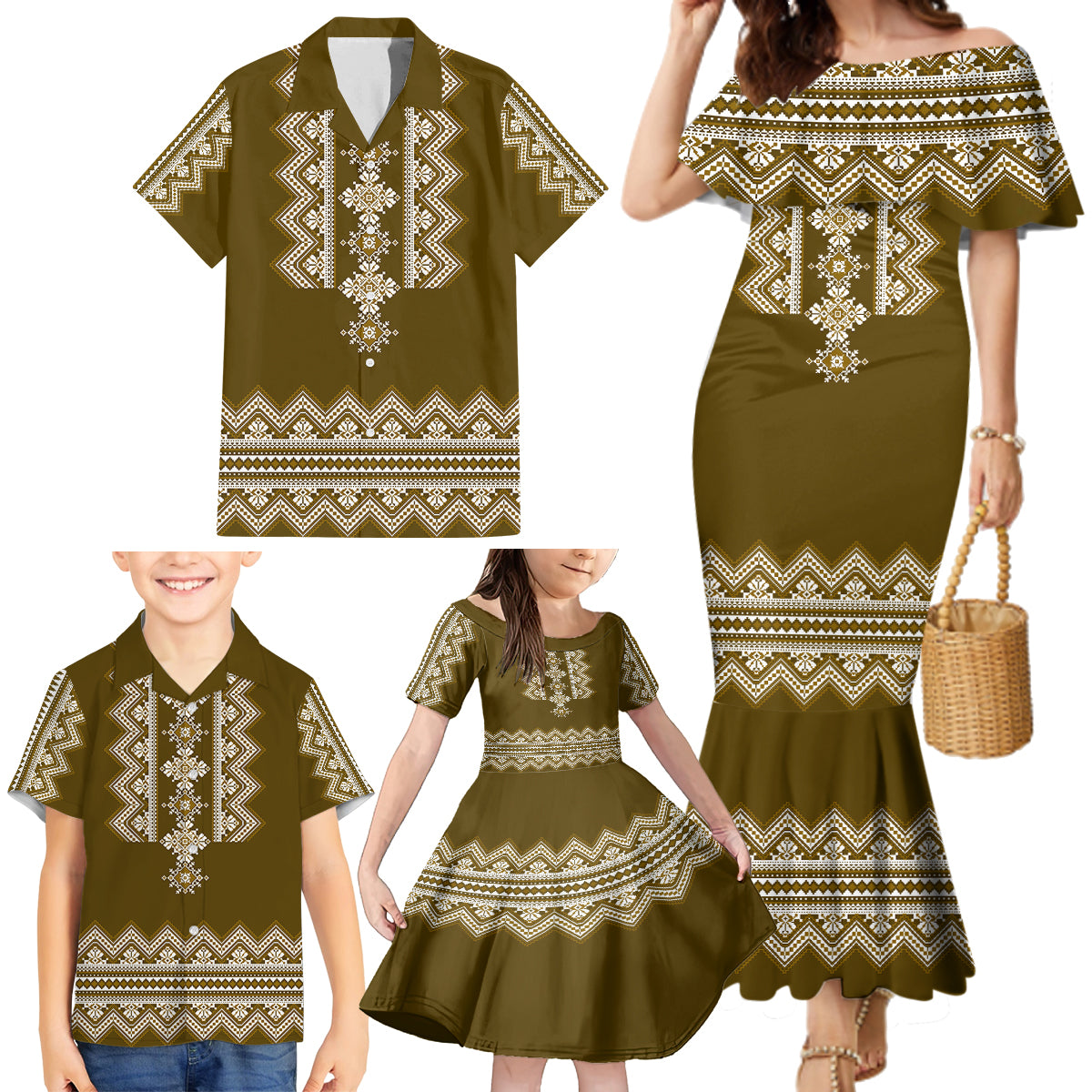 ukraine-folk-pattern-family-matching-mermaid-dress-and-hawaiian-shirt-ukrainian-wood-brown-version