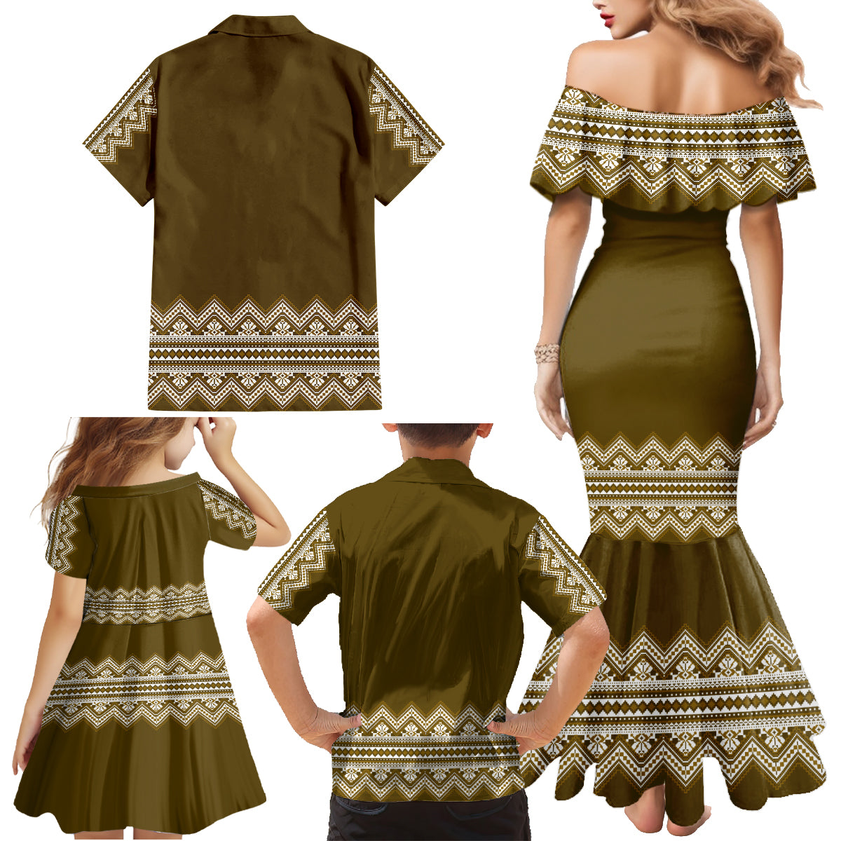 Ukraine Folk Pattern Family Matching Mermaid Dress and Hawaiian Shirt Ukrainian Wood Brown Version - Wonder Print Shop