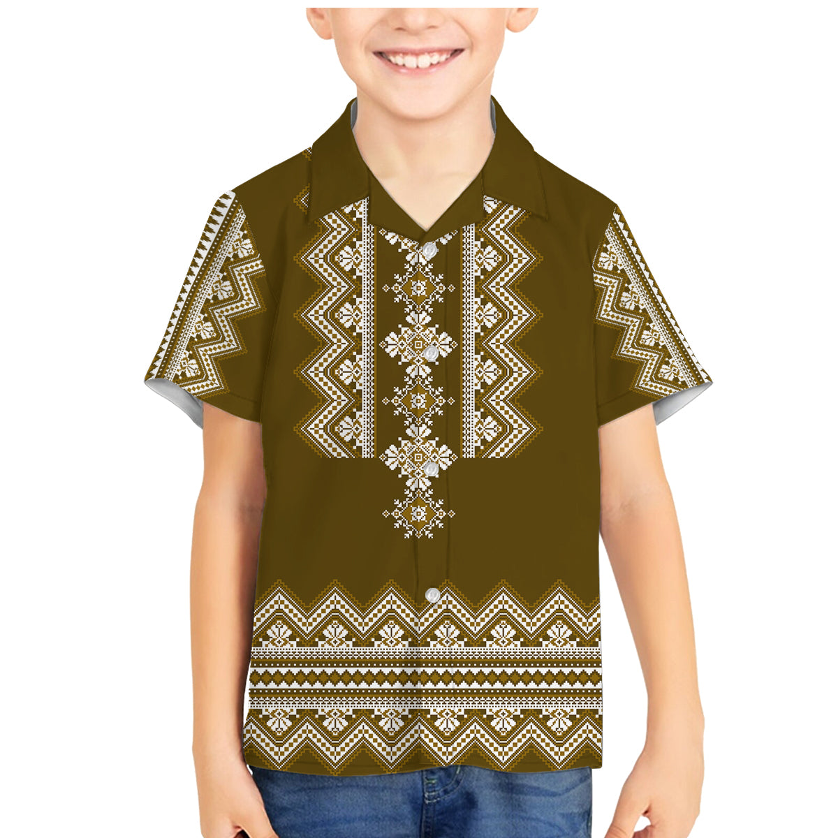 Ukraine Folk Pattern Family Matching Mermaid Dress and Hawaiian Shirt Ukrainian Wood Brown Version - Wonder Print Shop