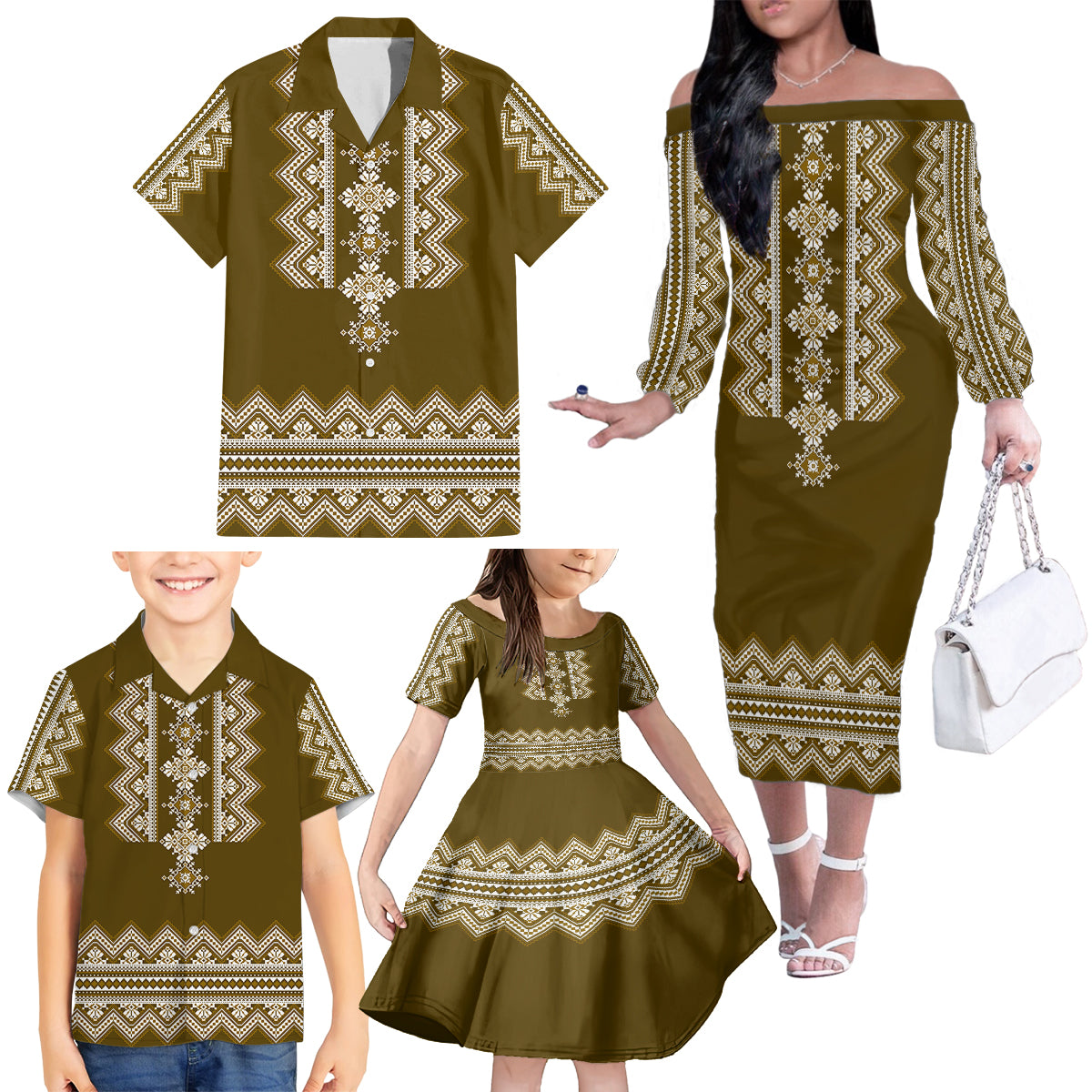 Ukraine Folk Pattern Family Matching Off Shoulder Long Sleeve Dress and Hawaiian Shirt Ukrainian Wood Brown Version - Wonder Print Shop