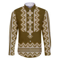 Ukraine Folk Pattern Family Matching Off Shoulder Long Sleeve Dress and Hawaiian Shirt Ukrainian Wood Brown Version - Wonder Print Shop