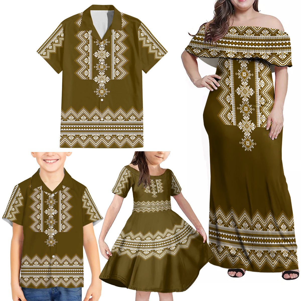 Ukraine Folk Pattern Family Matching Off Shoulder Maxi Dress and Hawaiian Shirt Ukrainian Wood Brown Version - Wonder Print Shop