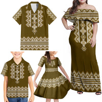Ukraine Folk Pattern Family Matching Off Shoulder Maxi Dress and Hawaiian Shirt Ukrainian Wood Brown Version - Wonder Print Shop