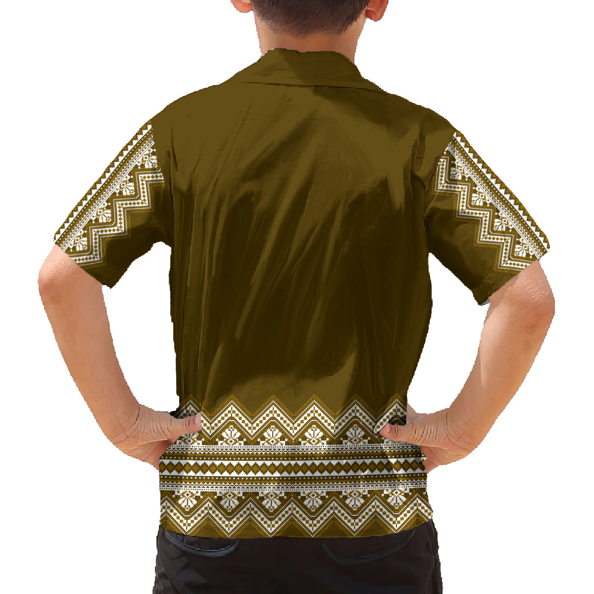 Ukraine Folk Pattern Family Matching Off Shoulder Short Dress and Hawaiian Shirt Ukrainian Wood Brown Version - Wonder Print Shop