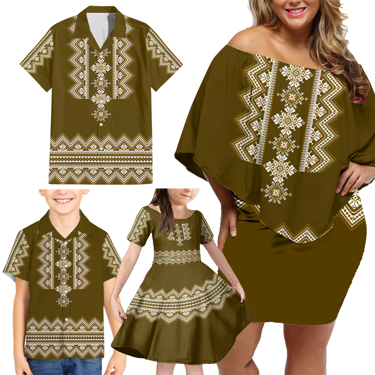 Ukraine Folk Pattern Family Matching Off Shoulder Short Dress and Hawaiian Shirt Ukrainian Wood Brown Version - Wonder Print Shop