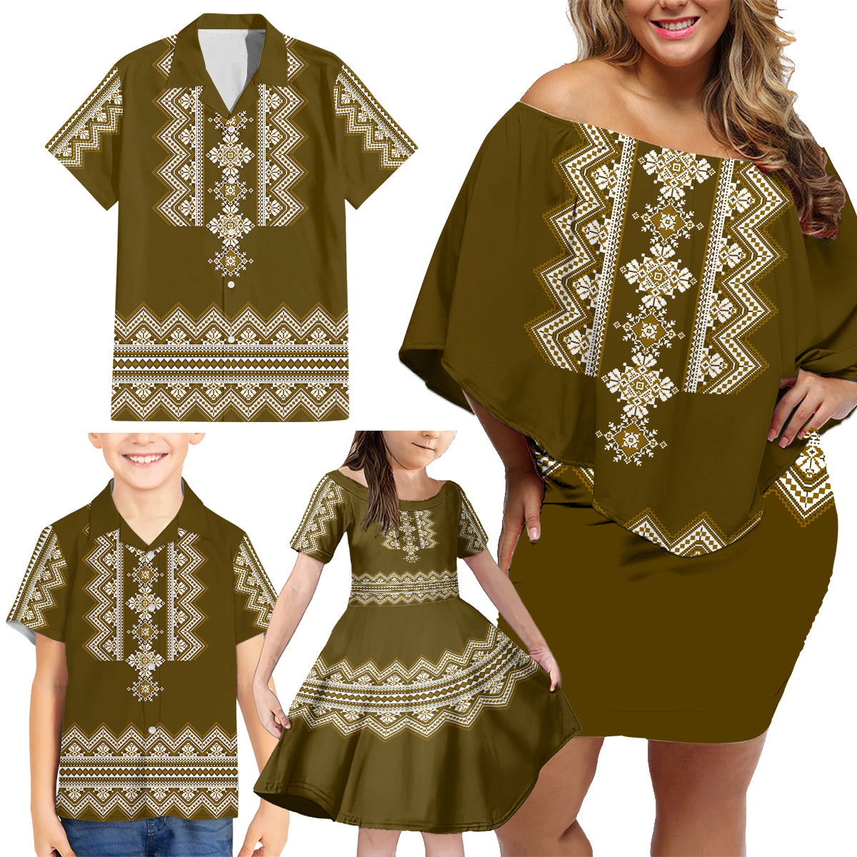 ukraine-folk-pattern-family-matching-off-shoulder-short-dress-and-hawaiian-shirt-ukrainian-wood-brown-version