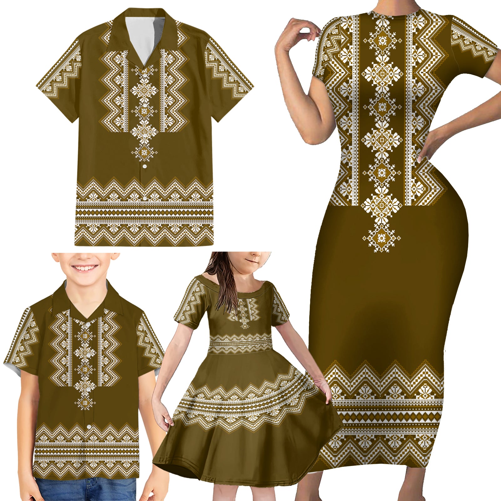 ukraine-folk-pattern-family-matching-short-sleeve-bodycon-dress-and-hawaiian-shirt-ukrainian-wood-brown-version