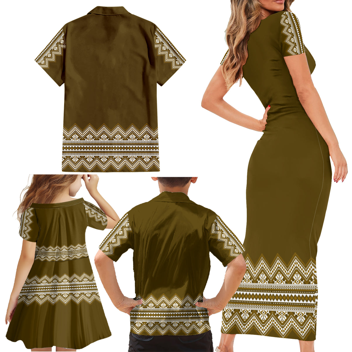 Ukraine Folk Pattern Family Matching Short Sleeve Bodycon Dress and Hawaiian Shirt Ukrainian Wood Brown Version - Wonder Print Shop