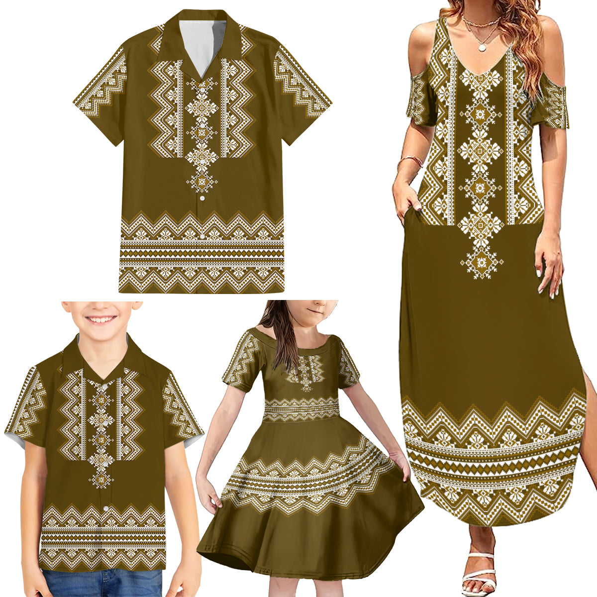 Ukraine Folk Pattern Family Matching Summer Maxi Dress and Hawaiian Shirt Ukrainian Wood Brown Version - Wonder Print Shop